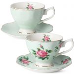 BTäT- Floral Tea Cups and Saucers, Set of 2 (Green - 8 oz) with Gold Trim and Gift Box, Coffee Cups, Floral Tea Cup Set, British Tea Cups, Porcelain Tea Set, Tea Sets for Women, Latte Cups