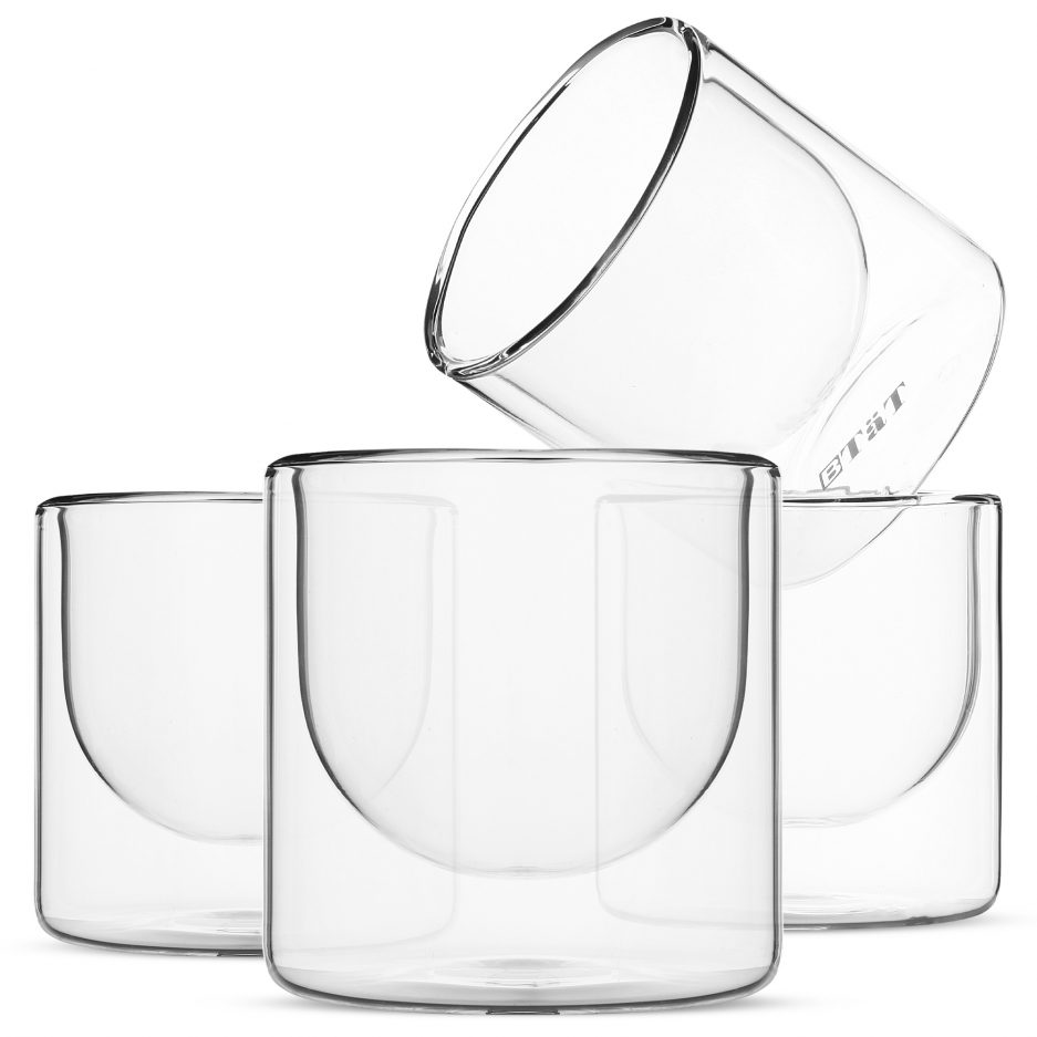 BTäT- Whiskey Glasses, Drinking Glasses, Set of 4 (6.5 oz, 190 ml), Double Wall Glass, Bourbon Glasses, Whiskey Glass Set, Drink Glasses, Cocktail Glasses, Scotch Glasses, Highball Glasses, Rock Glass