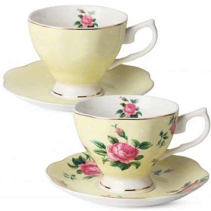 BTäT- Floral Tea Cups and Saucers, Set of 2 (Yellow - 8 oz) with Gold Trim and Gift Box, Coffee Cups, Floral Tea Cup Set, British Tea Cups, Porcelain Tea Set, Tea Sets for Women, Latte Cups