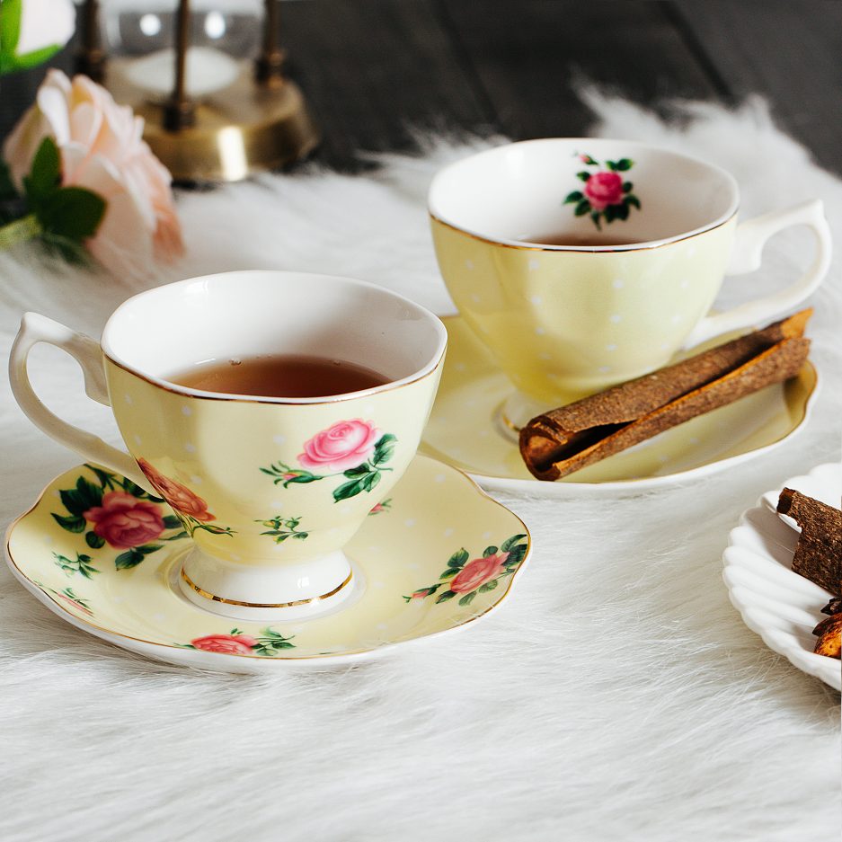 BTäT- Floral Tea Cups and Saucers, Set of 8 (8 oz) with Gold Trim and Gift Box, Coffee Cups, Floral Tea Cup Set, British Tea Cups, Porcelain Tea Set, Tea Sets for Women, Latte Cups