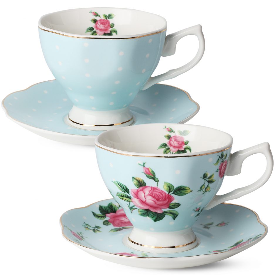 BTäT- Floral Tea Cups and Saucers, Set of 2 (Blue – 8 oz) with Gold Trim and Gift Box, Coffee Cups, Floral Tea Cup Set, British Tea Cups, Porcelain Tea Set, Tea Sets for Women, Latte Cups