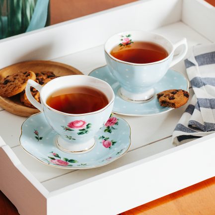 BTäT- Floral Tea Cups and Saucers, Set of 8 (8 oz) with Gold Trim and Gift Box, Coffee Cups, Floral Tea Cup Set, British Tea Cups, Porcelain Tea Set, Tea Sets for Women, Latte Cups