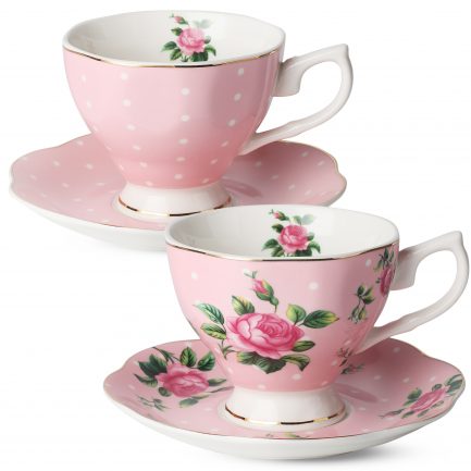 BTäT- Floral Tea Cups and Saucers, Set of 2 (Pink - 8 oz) with Gold Trim and Gift Box, Coffee Cups, Floral Tea Cup Set, British Tea Cups, Porcelain Tea Set, Tea Sets for Women, Latte Cups