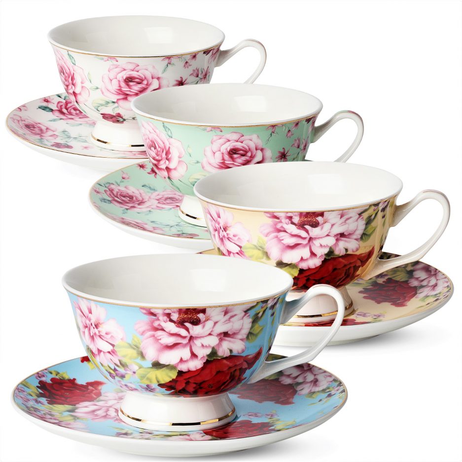 BTäT- Tea Cups, Tea Cups and Saucers Set of 4, Tea Set, Floral Tea Cups (8oz), Tea Cups and Saucers Set, Tea Set, Porcelain Tea Cups, Tea Cups for Tea Party, Rose Teacups, China Tea Cups (Bone China)