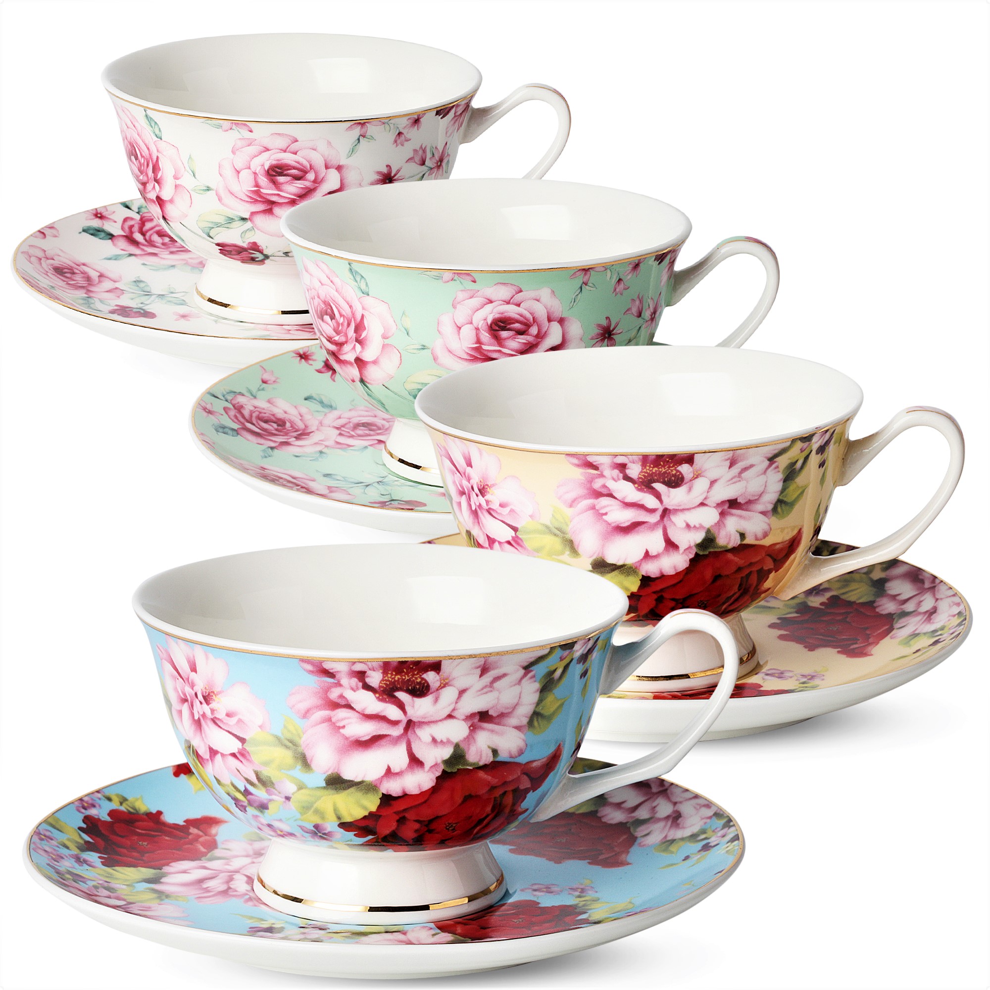 Set of 6 7 oz BTaT- Tea Cups and Saucers with Gold Trim and Gift Box, 