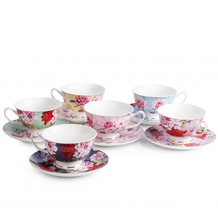 BTäT- Tea Cups, Tea Cups and Saucers Set of 6, Tea Set, Floral Tea Cups (8oz), Tea Cups and Saucers Set, Tea Set, Porcelain Tea Cups, Tea Cups for Tea Party, Rose Teacups, China Tea Cups (Bone China)