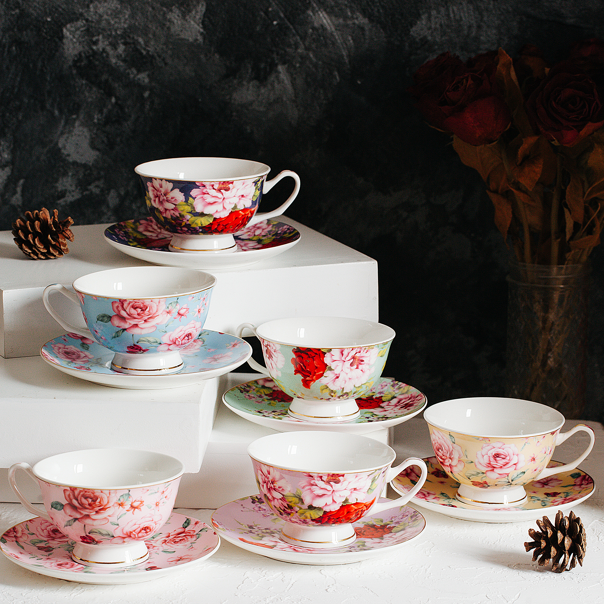 Floral Tea Cups Tea Cup and Saucer Set of 6 8 Oz.Bone China Porcelain