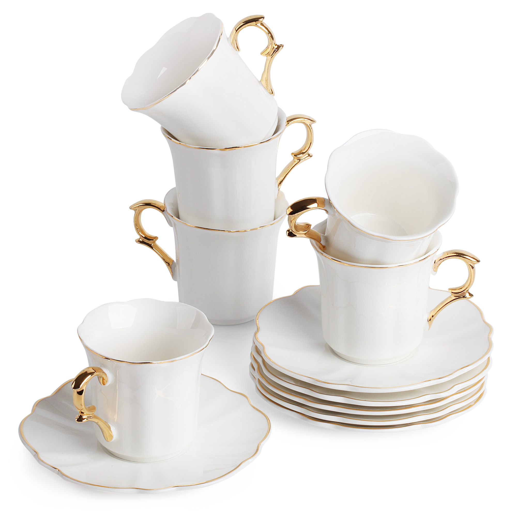 Espresso Cups Set of 4,DERUI CREATION Gold Trim Porcelain Tea Cups and Saucers Sets,5 Oz Coffee Mugs Set