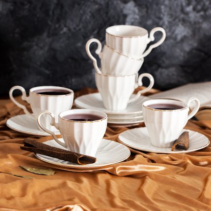 BTäT- Tea Cups and Saucers, Set of 6 (6 oz) with Gold Trim and Gift Box, Cappuccino Cups, Coffee Cups, White Tea Cup Set, British Coffee Cups, Porcelain Tea Set, Latte Cups, Espresso Mug, White Cups