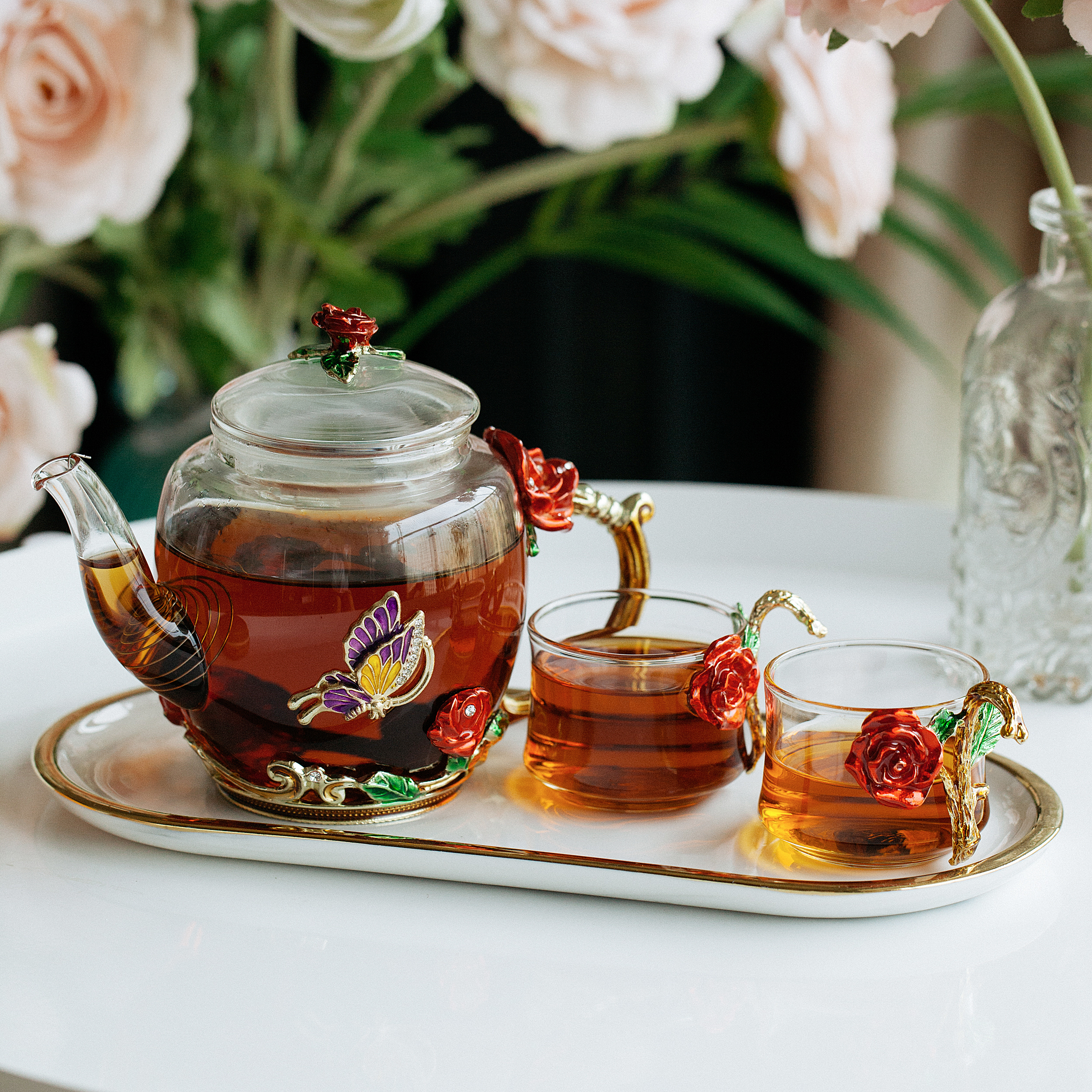 BTaT- Small Glass Tea Set, 2 Fancy Cups, Tea Pot Glass – BTAT